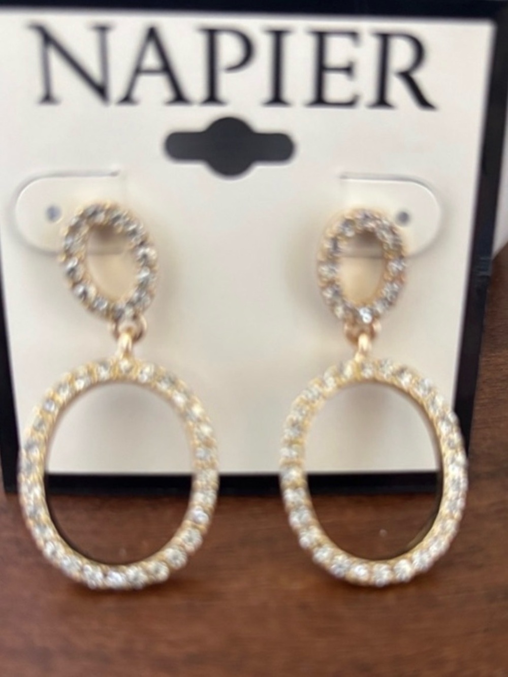 Napier Open Oval hoop w oval stud at top,clear rhinestones,dangle,dressy,glamour